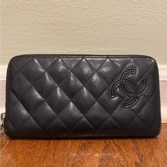 CHANEL Handbags - CHANEL Black Lambskin Quilted Embellished CC Black Zip Long Wallet